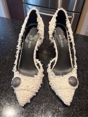 Balmain White Pointed Heels with Medallion